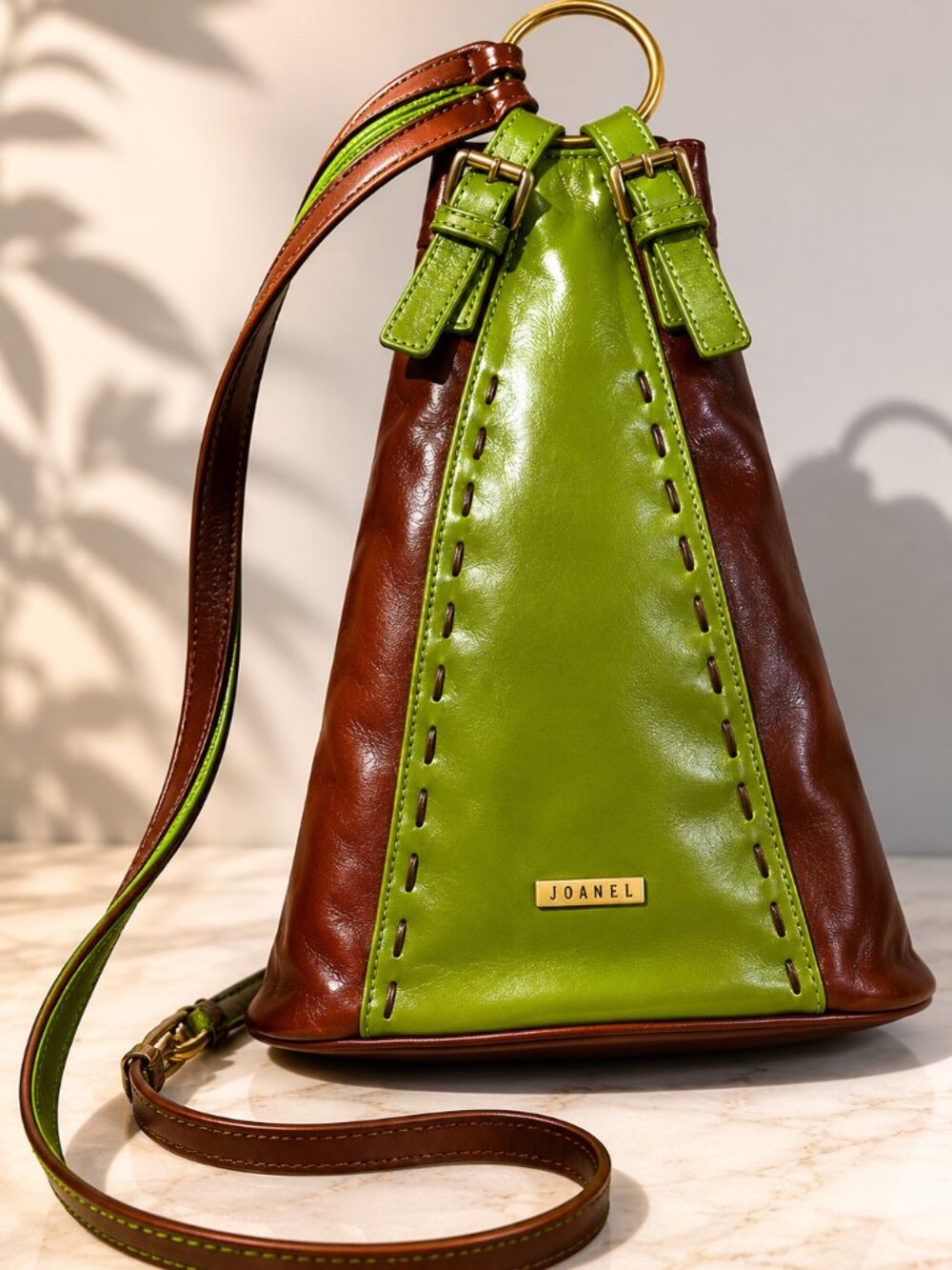 Joanel Pour Elle Green & Brown Leather Sling Bag - Picture 2 of 13